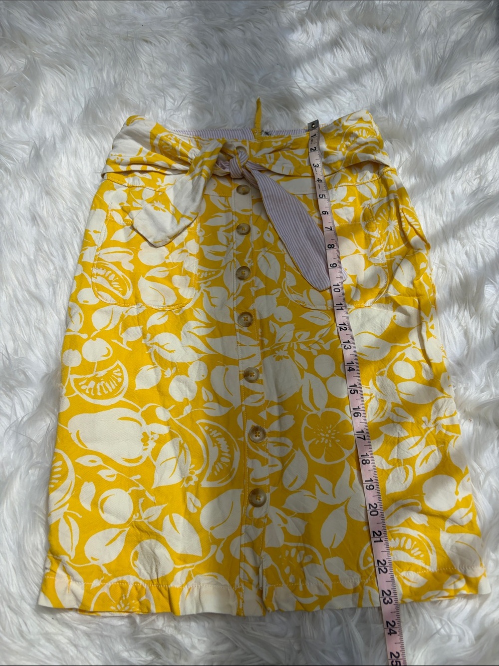 Anthropologie Yellow Floral Button-Front A-Line Skirt with Waist Tie